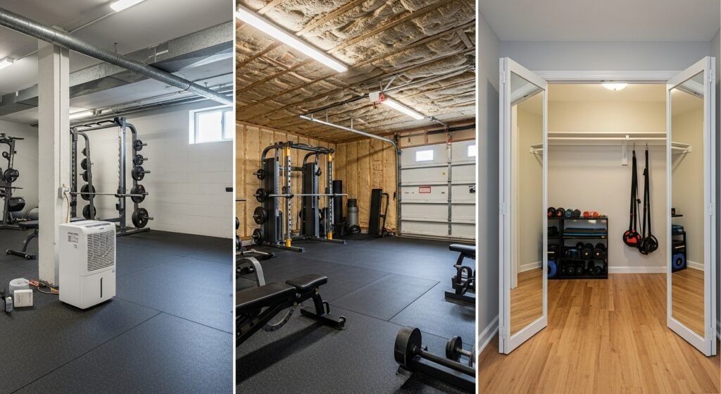 Comparison of basement, garage, and closet home gyms showing pros and cons of each space