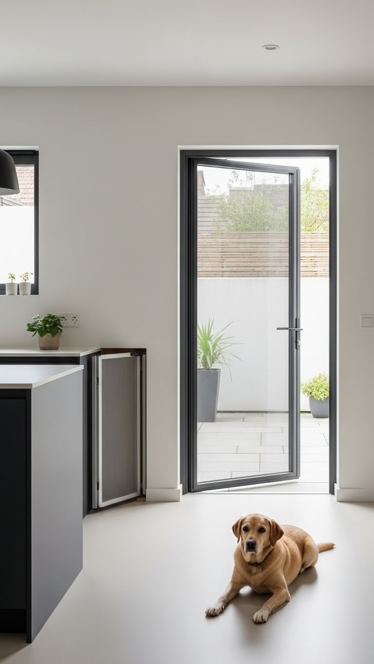 Concealed retractable pet gate in modern living room—invisible when not in use