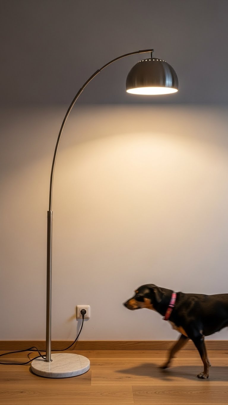 Cord-safe floor lamp in modern living room—pet-proof lighting solution