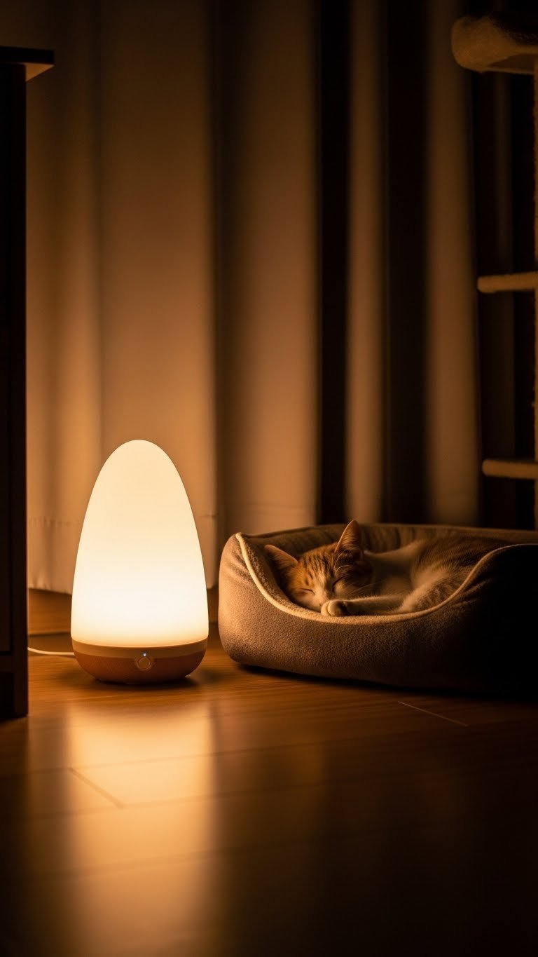 Cordless smart lamp in modern living room—safe for cats, gentle on eyes