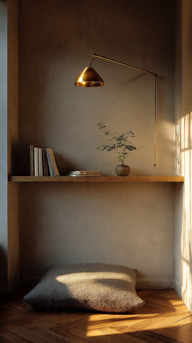 Cozy reading nook in a small bedroom corner using a floor cushion, wall-mounted lamp, and minimal shelf—no furniture needed