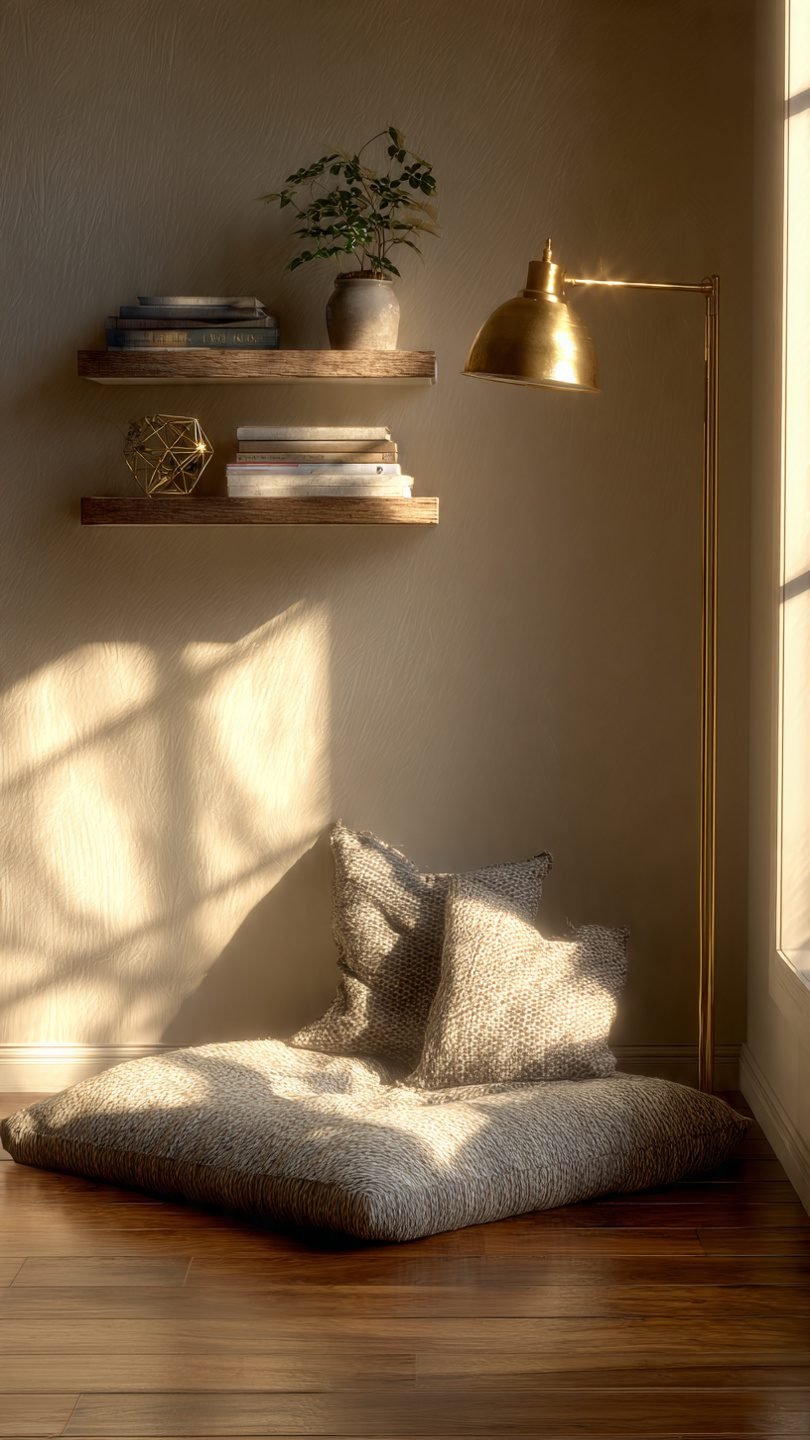 Cozy reading nook in a small bedroom corner using a floor cushion, wall-mounted lamp, and minimal shelf—no furniture needed