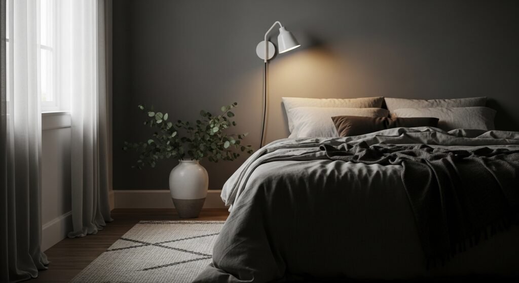 Cozy small bedroom with warm lighting, natural textiles, and minimalist decor