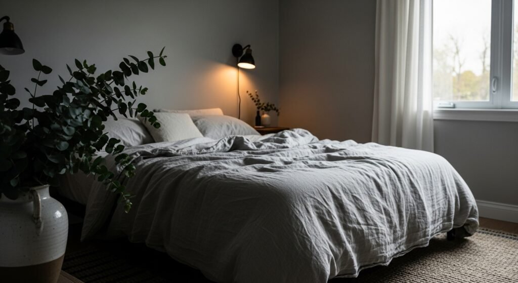 Cozy small bedroom with warm lighting, natural textiles, and minimalist decor