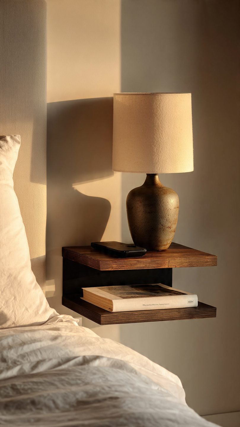DIY floating nightstand under $25 in a small cozy bedroom—space-saving, functional, and rental-friendly.