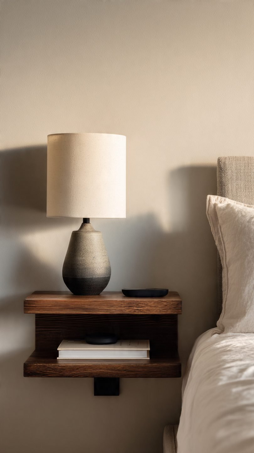 DIY floating nightstand under $25 in a small cozy bedroom—space-saving, functional, and rental-friendly.