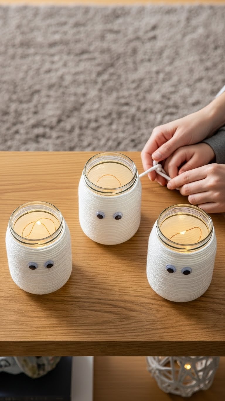 DIY mummy vases made from recycled jars, cotton yarn, and LED lights—non-toxic, secure, and under $10 for pet-safe Halloween decor.