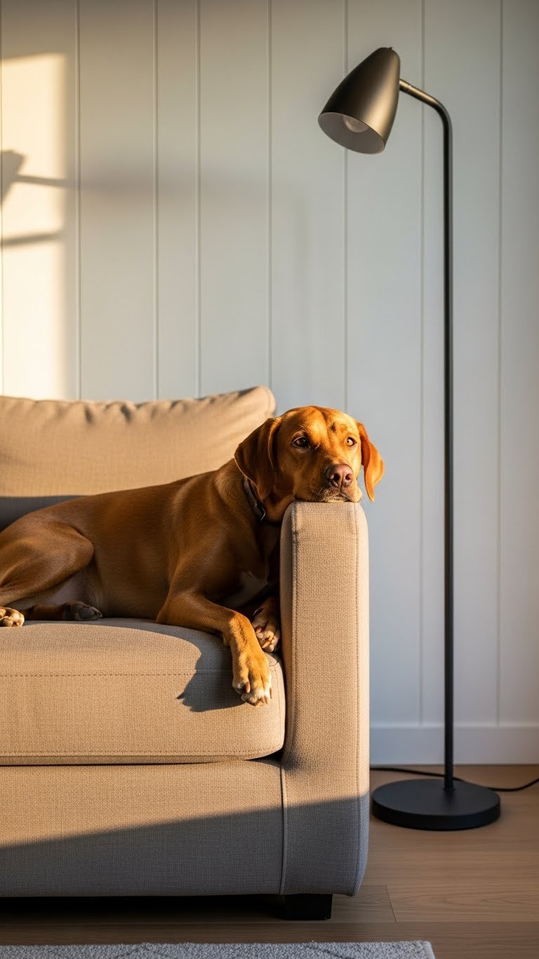 Dog cuddling on rounded-arm linen lounge chair in organic modern living room—pet-safe modern decor