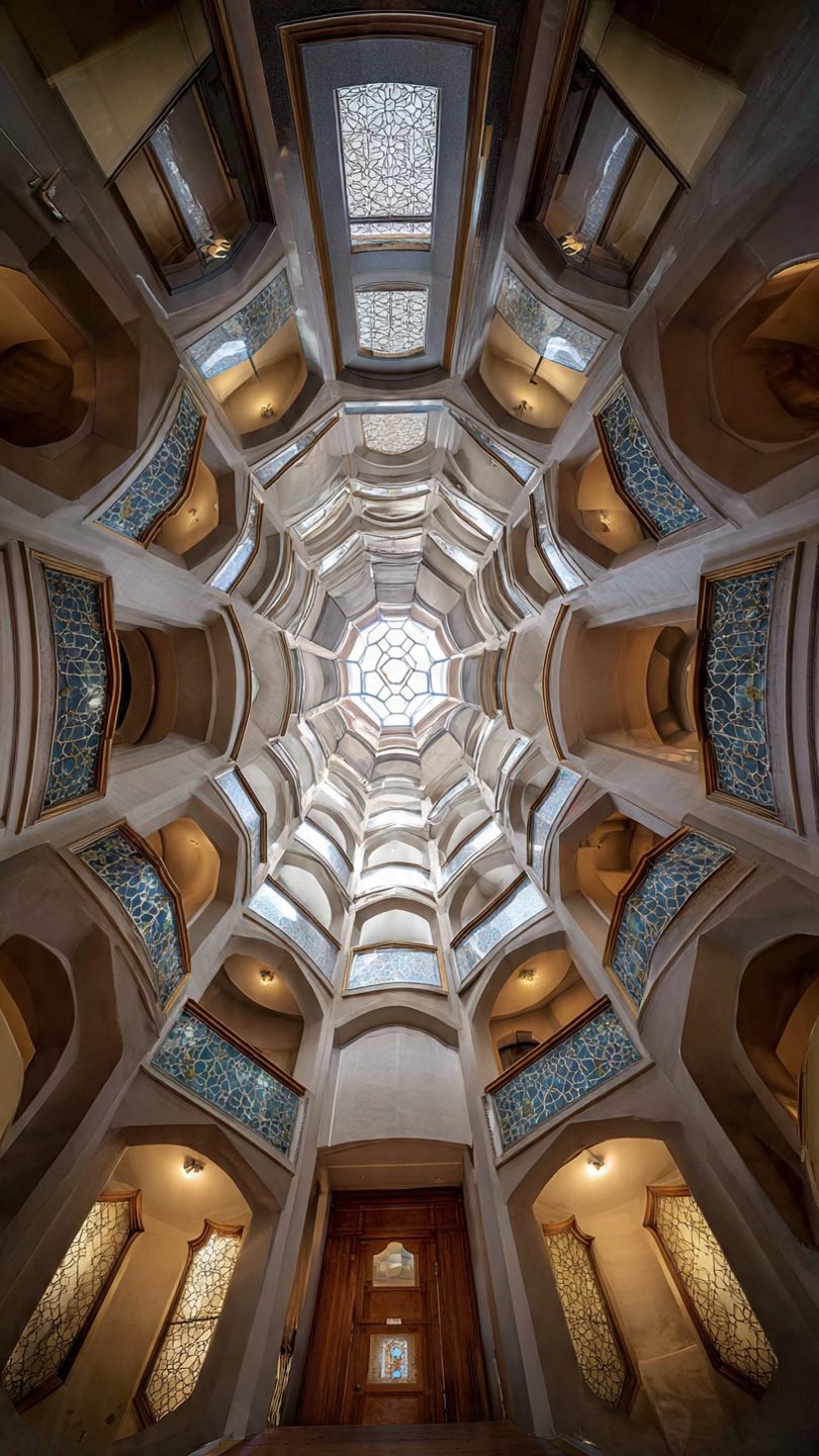 Double-height artistic installation in two-story living room