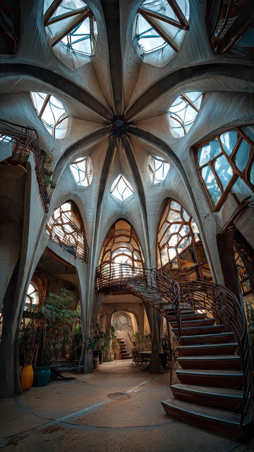 Double-height artistic installation in two-story living room