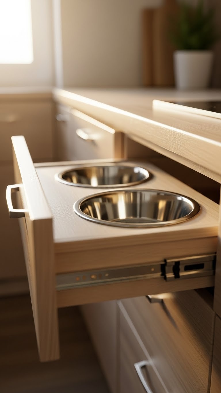 Elevated cat food station hidden in modern console—clean and ergonomic