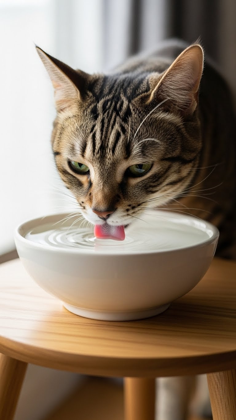 Elevated cat water bowl on modern side table—ergonomic and stylish