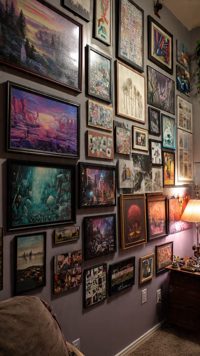 Floor-to-ceiling salon style gallery wall with mixed artistic styles