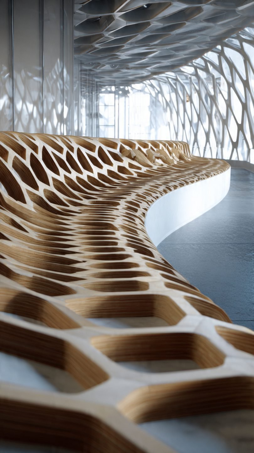 Flowing sculptural bench system in artistic living room