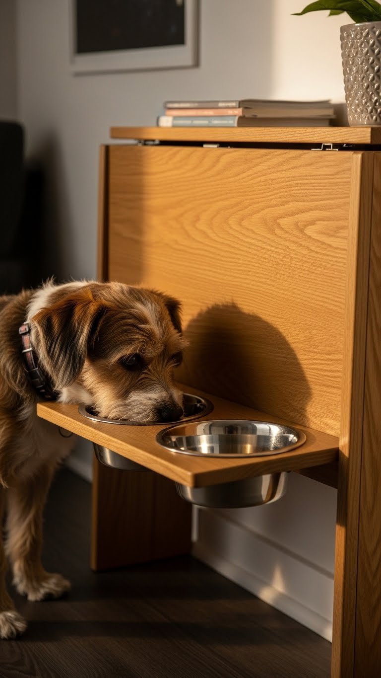Fold-down wall desk with pet feeding station in small modern living room—space-saving rental hack