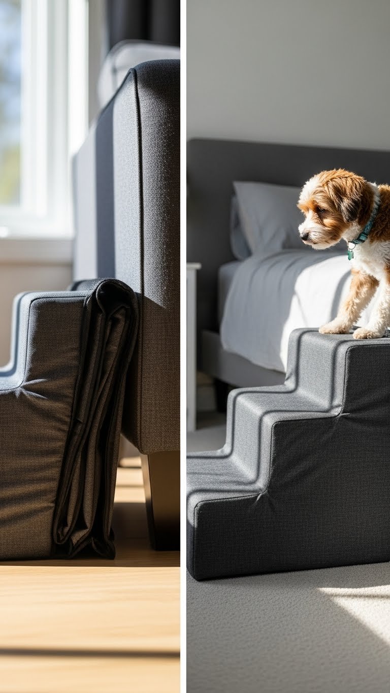 Foldable pet stairs in small modern living room—renter-friendly mobility aid