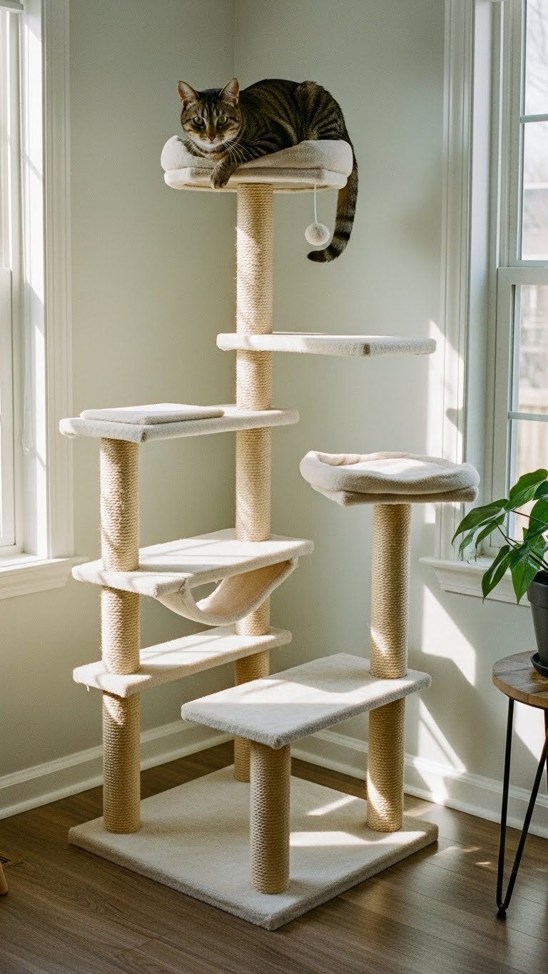 Freestanding cat shelf tower in small modern living room—renter-friendly vertical space