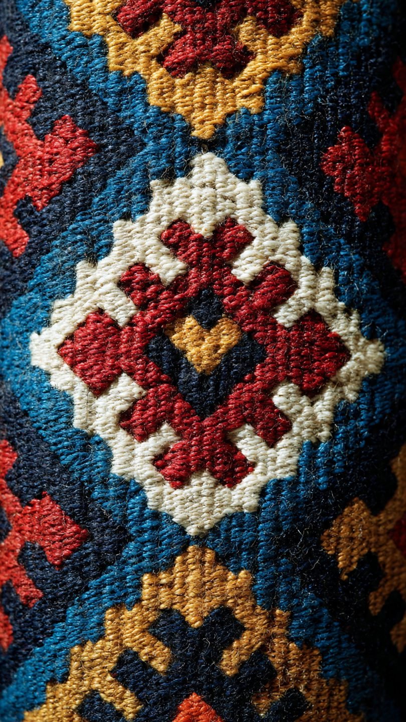 Geometric kilim rug composition with artistic pattern play