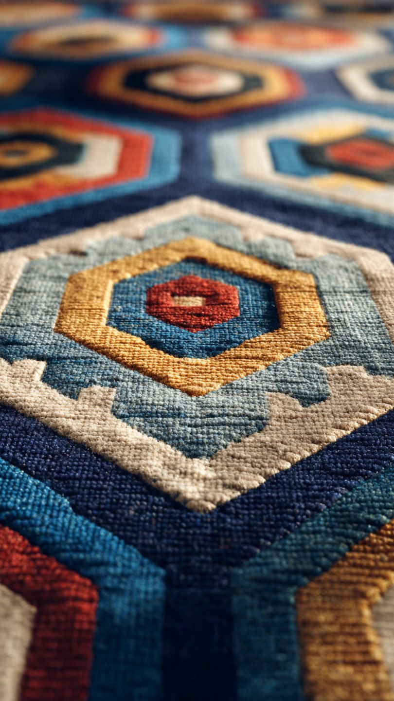 Geometric kilim rug composition with artistic pattern play