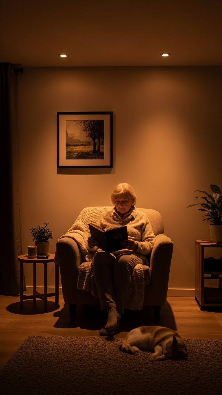 Glare-free dimmable lighting in modern living room—safe for seniors and pets