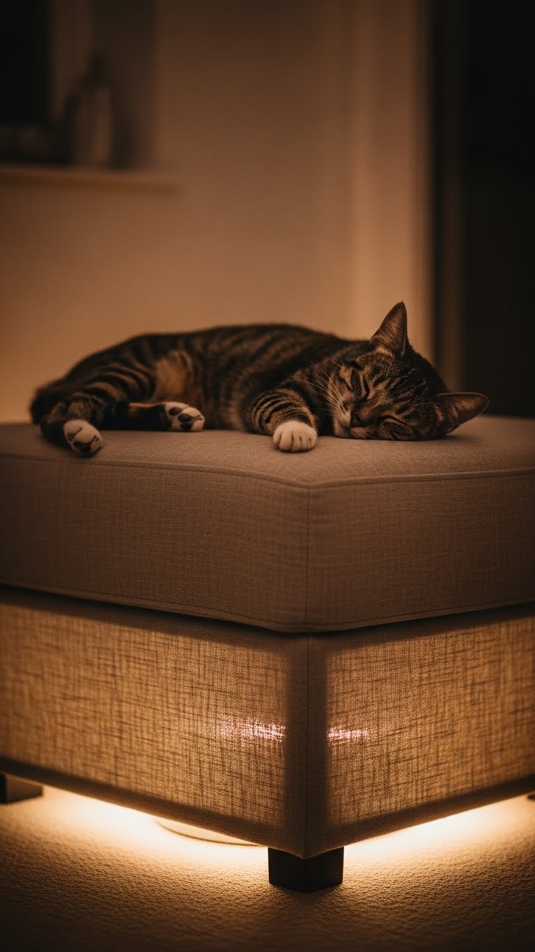 Heated cat bed built into modern ottoman—comfort for aging pets