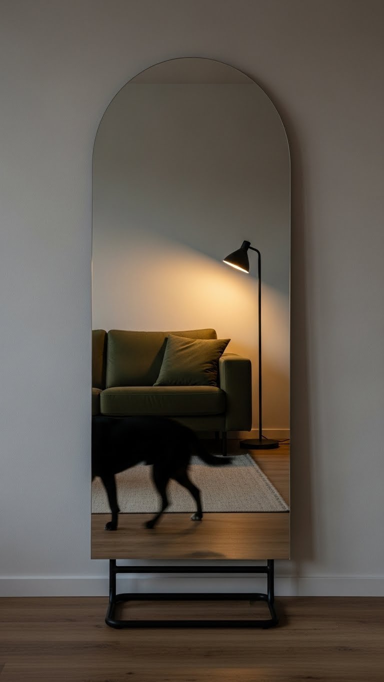 Heavy-base arched floor mirror in modern living room—safe from pet bumps