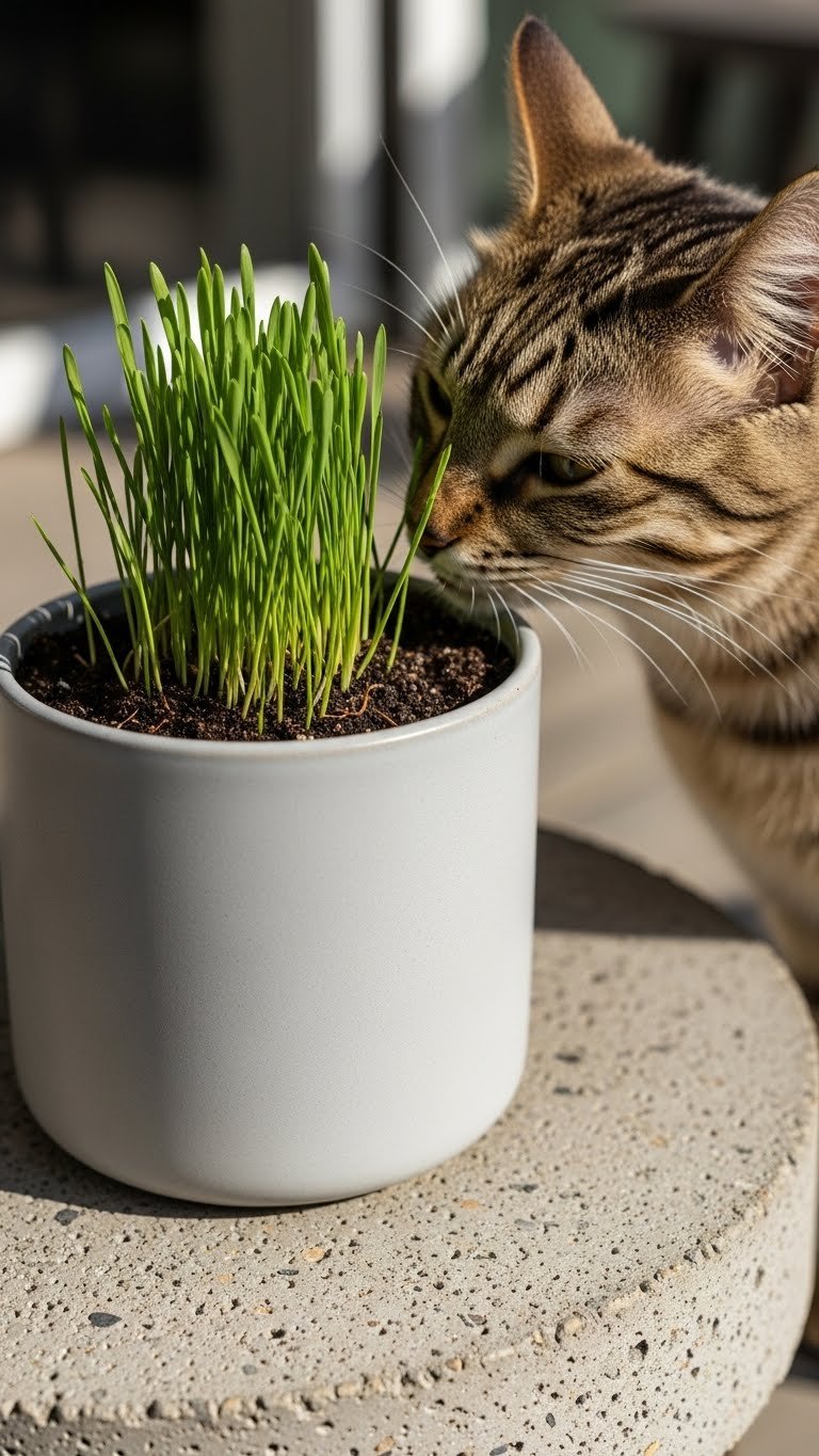 Heavy ceramic planters with cat grass in modern living room—safe and stable