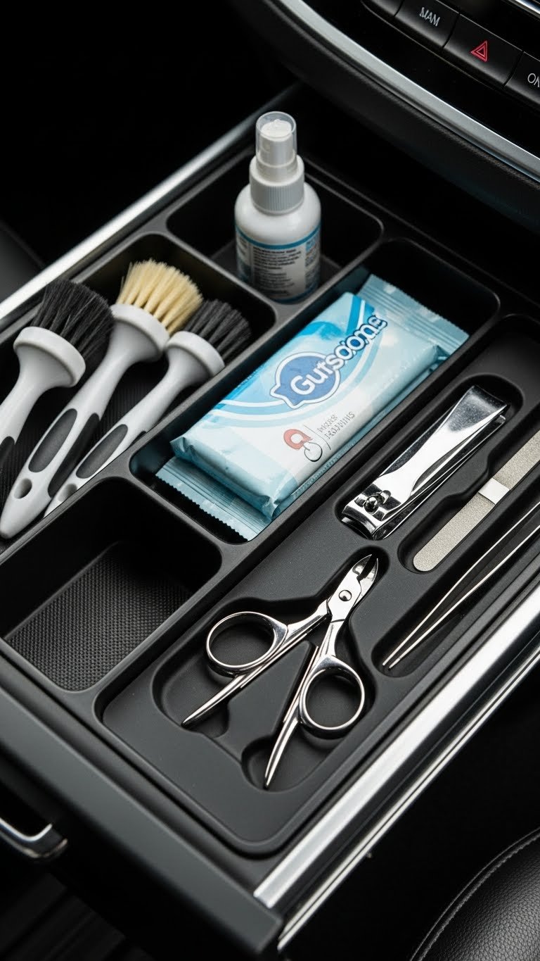 Hidden cat grooming station in modern console—organized and accessible