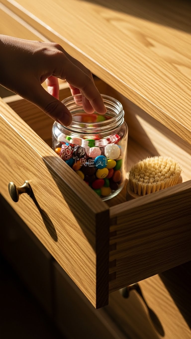 Hidden cat treat drawer in modern console—organized and convenient