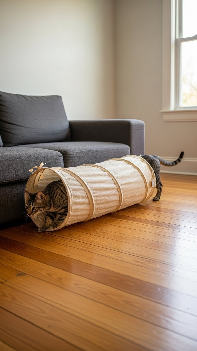 Hidden cat tunnel behind modern sofa—discreet play area in small spaces