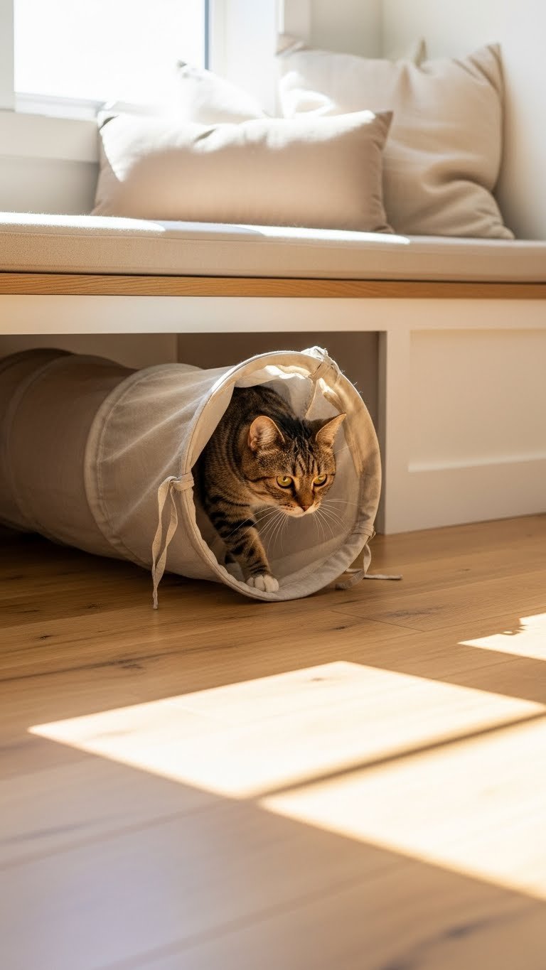 Hidden cat tunnel under built-in bench in modern living room—discreet play zone