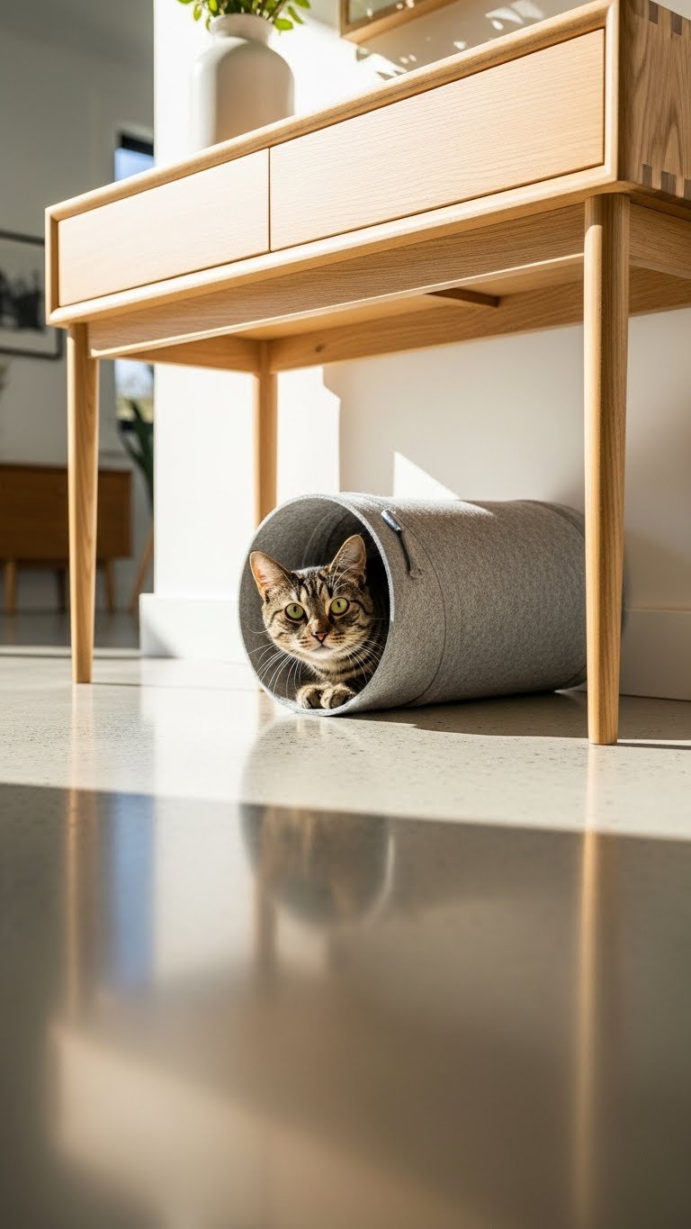 Elevated cat water bowl on modern side table—ergonomic and stylish