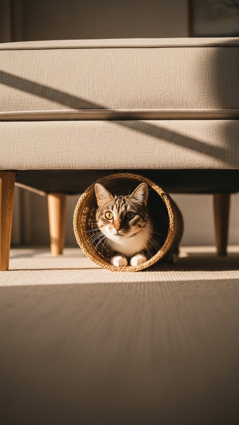 Hidden cat tunnel under ottoman in modern living room—discreet play space