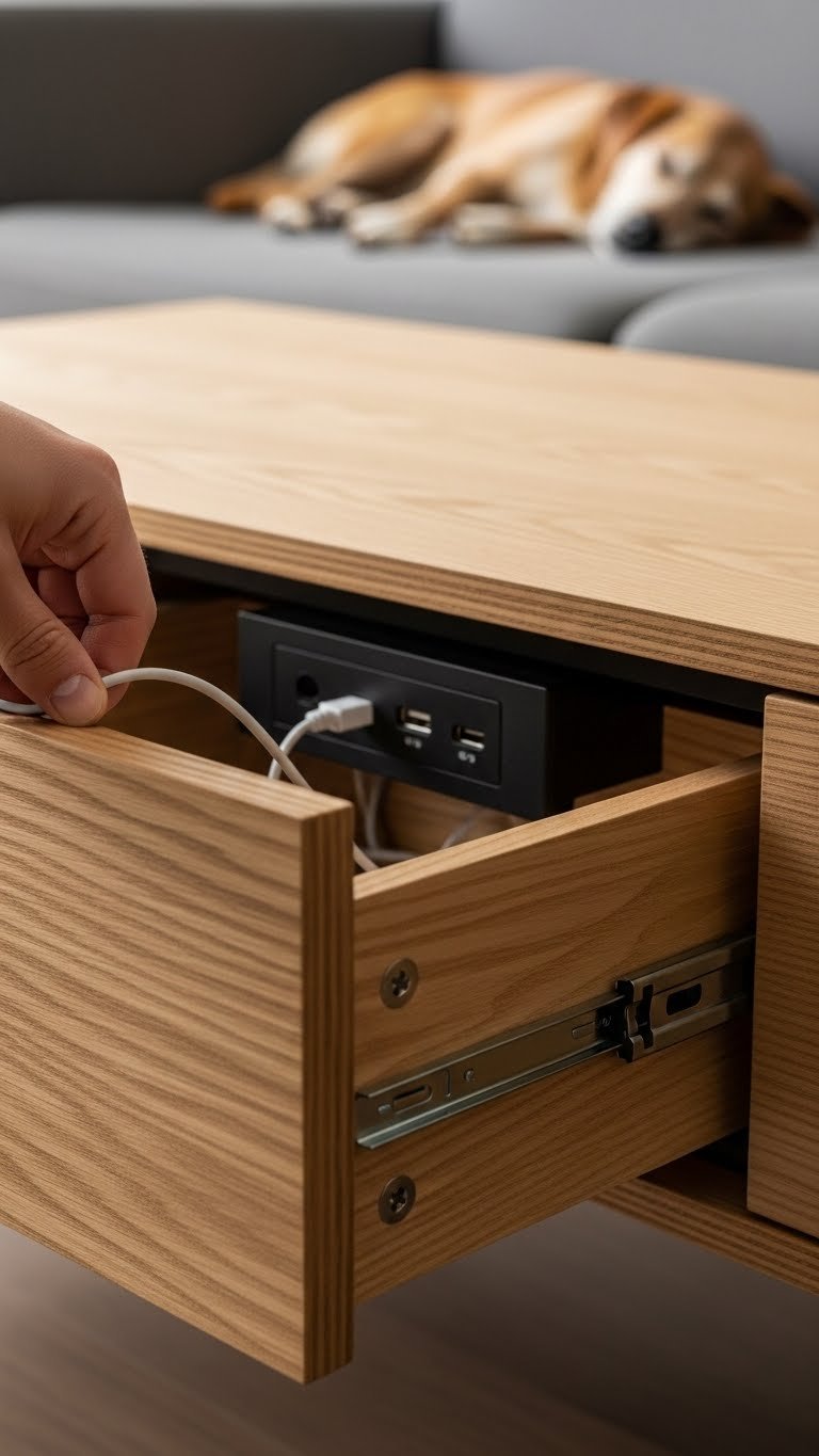 Hidden charging station in modern coffee table—cord-free and pet-safe tech storage