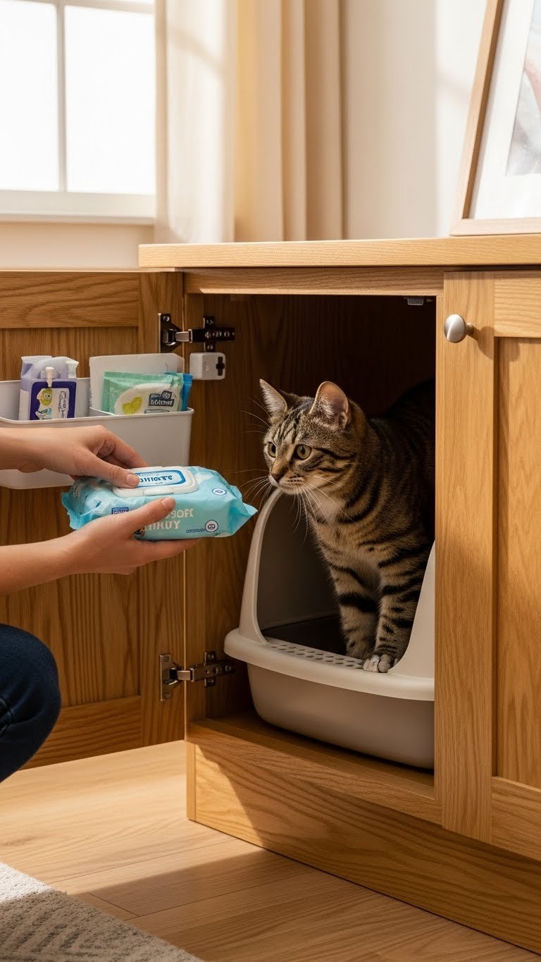 Hidden combo litter and diaper station in modern living room—efficient and discreet
