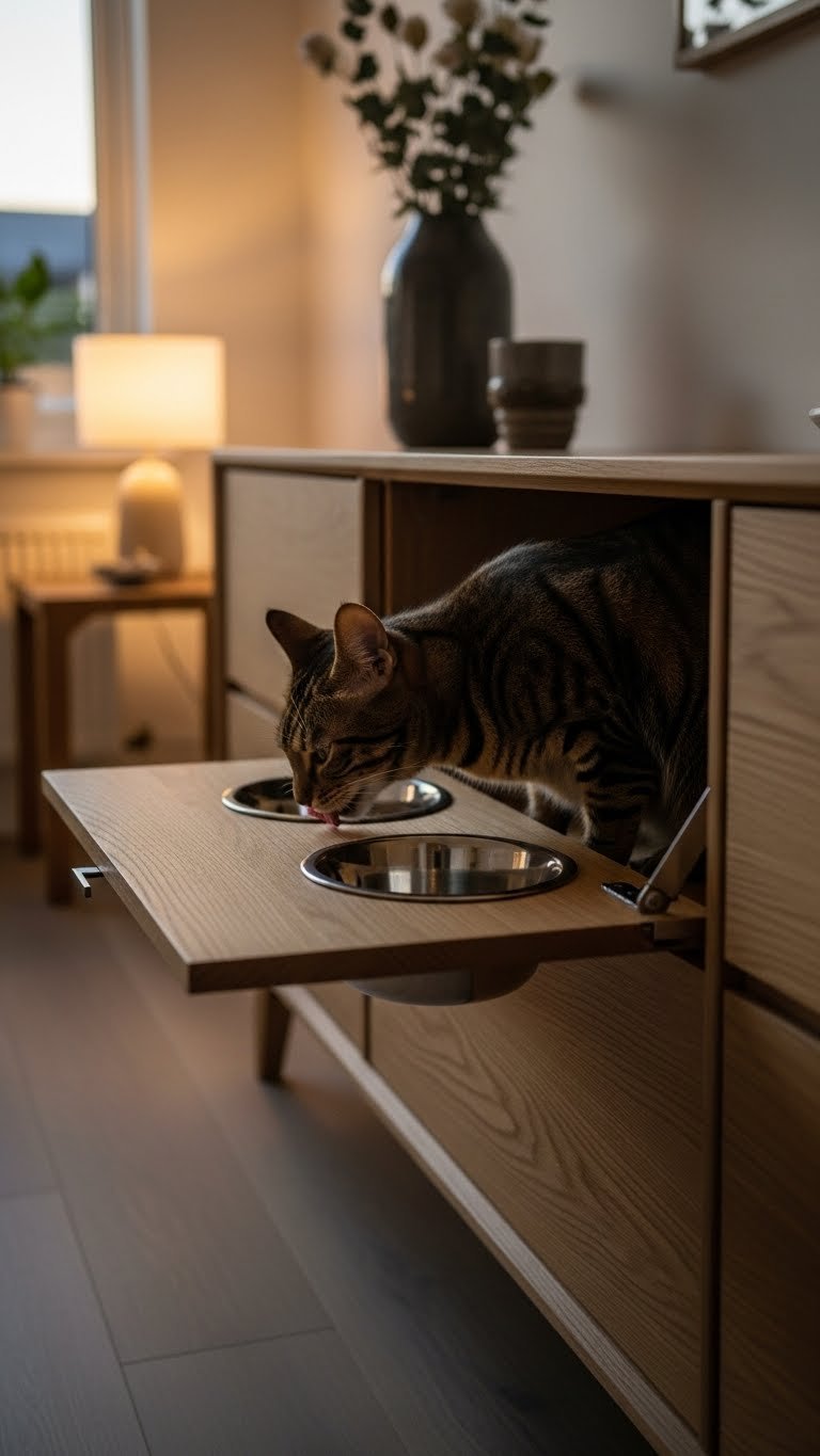 Hidden elevated cat food station in modern sideboard—clean and ergonomic