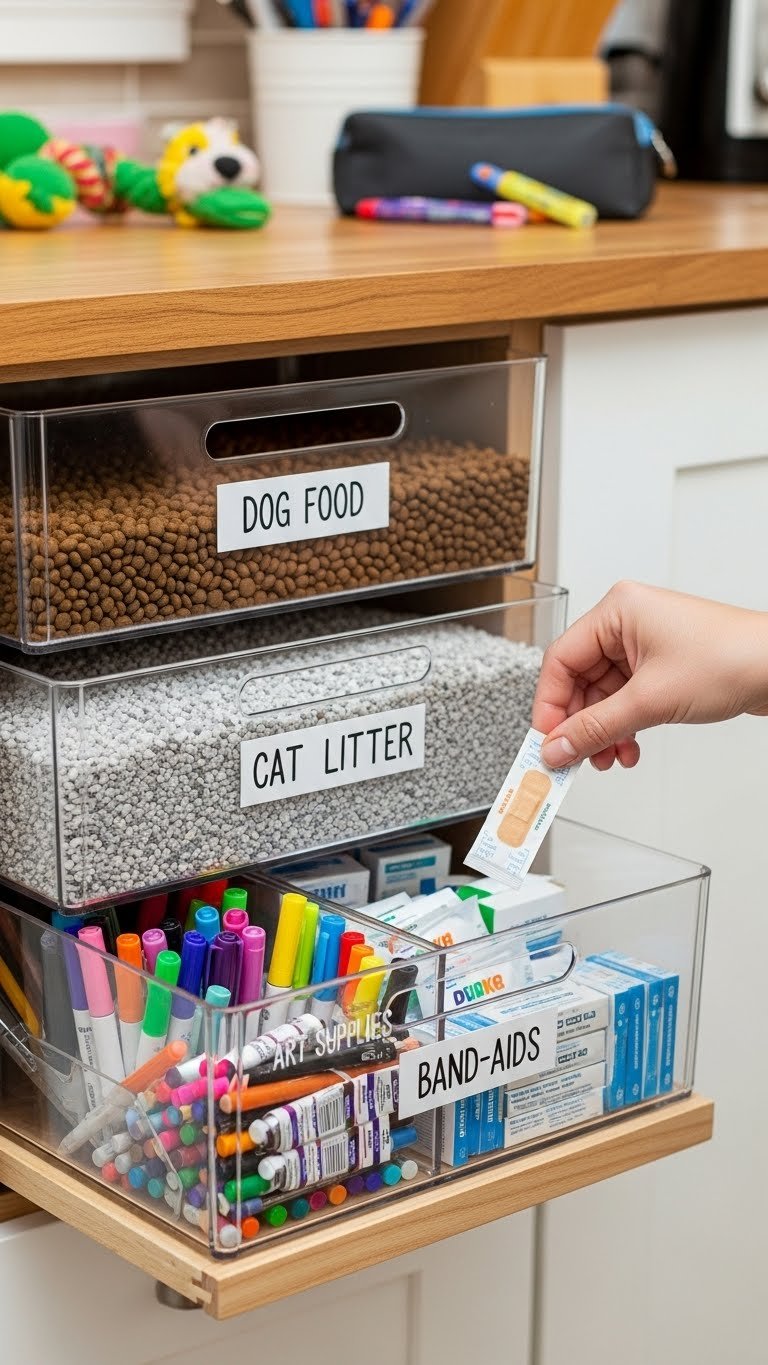 Hidden multi-use supply closet in modern living room—organized for pets and kids