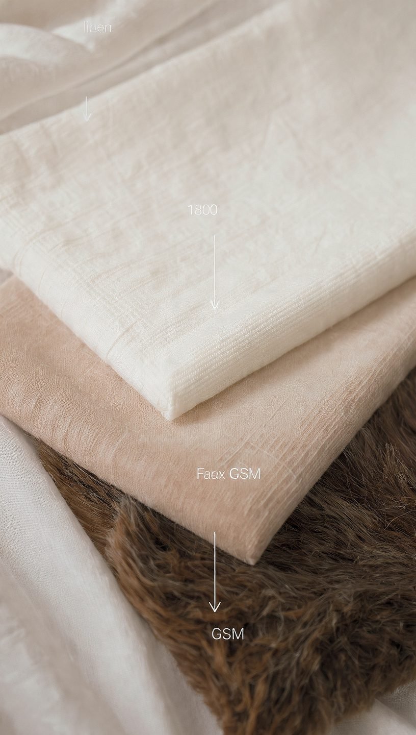 High-GSM natural textiles for cozy small bedrooms—linen, brushed cotton, and faux fur compared by texture and warmth