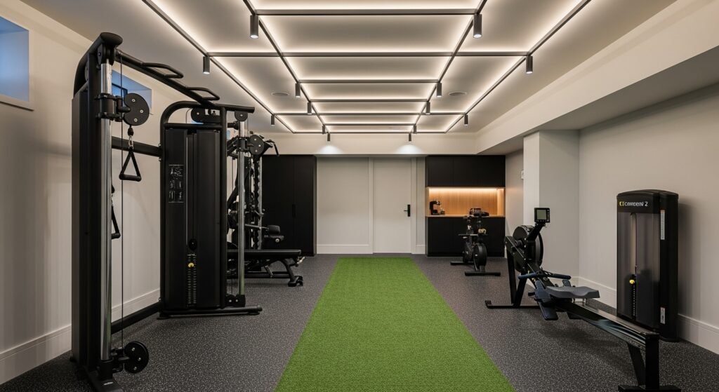 High-end customizable home gym with cable machine, rower, turf, and smart lighting for full-body training