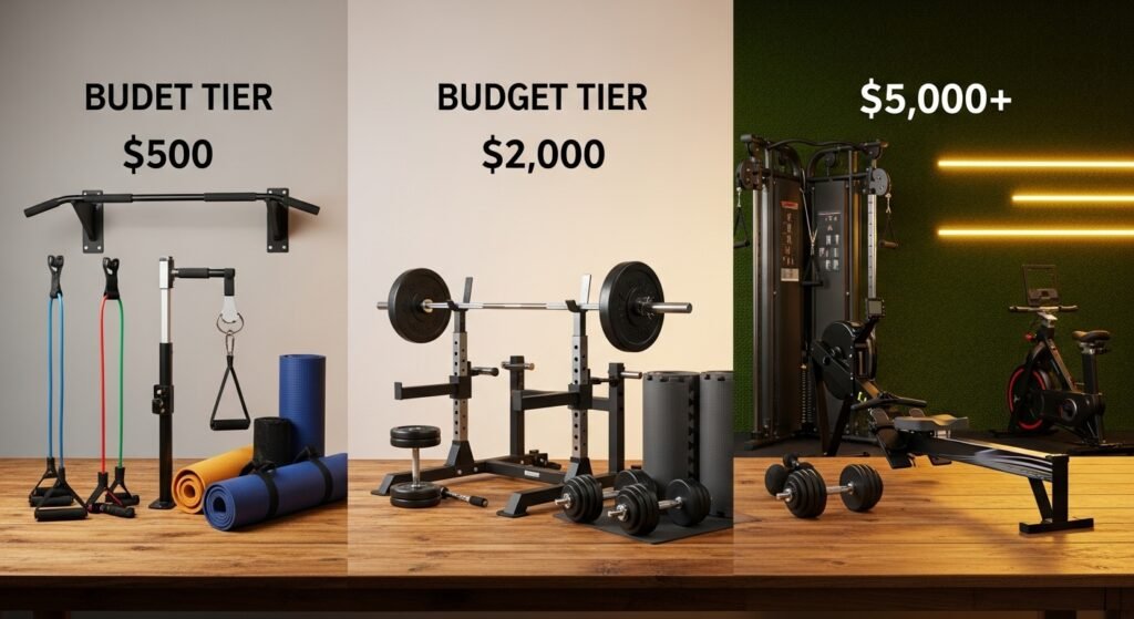 Home gym equipment comparison across $500, $2,000, and $5,000+ budget tiers with realistic setups