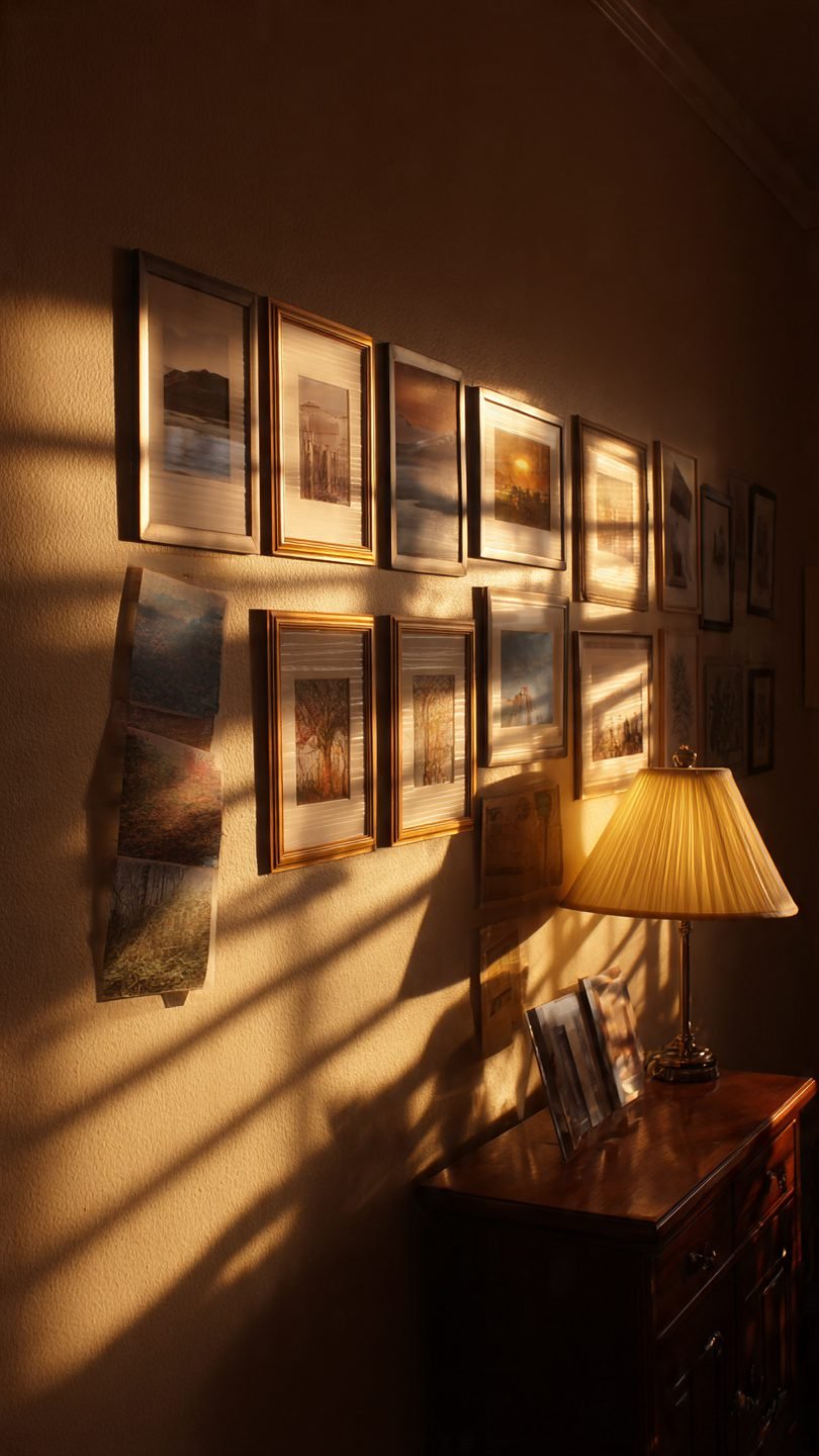 Illuminated historic timeline gallery wall with artistic curation