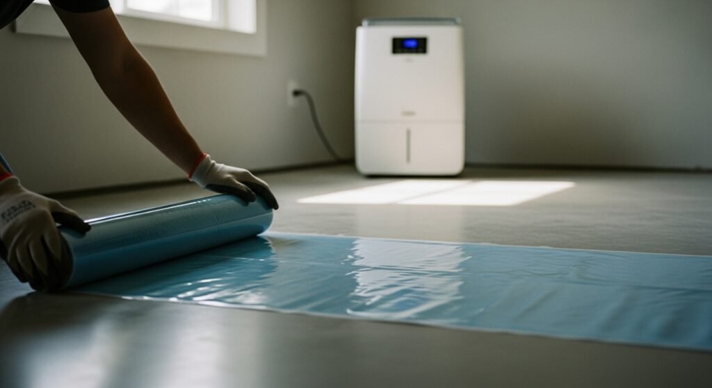 Installing vapor barrier and dehumidifier in basement home gym to prevent moisture damage