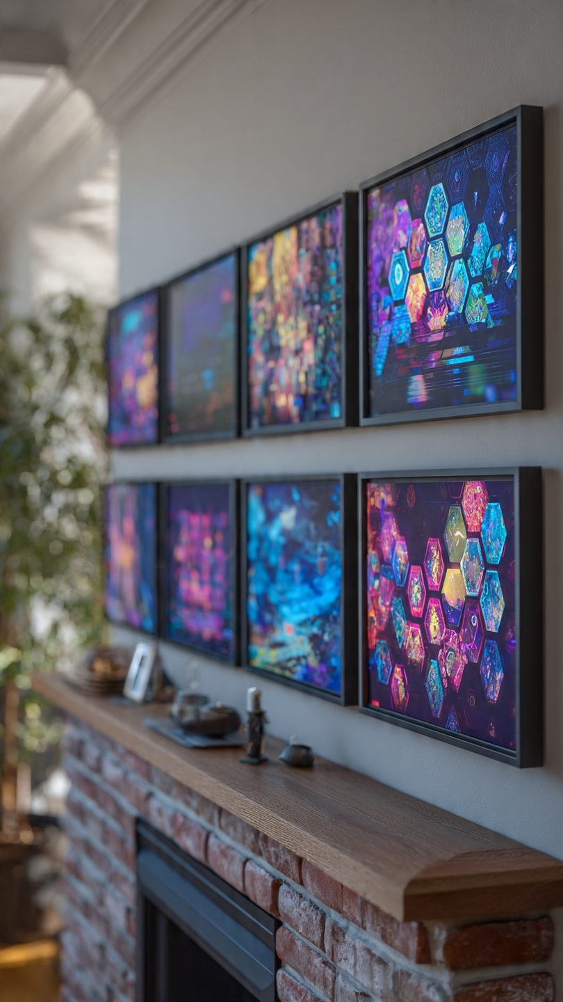 Integrated digital art frames in artistic living room setting