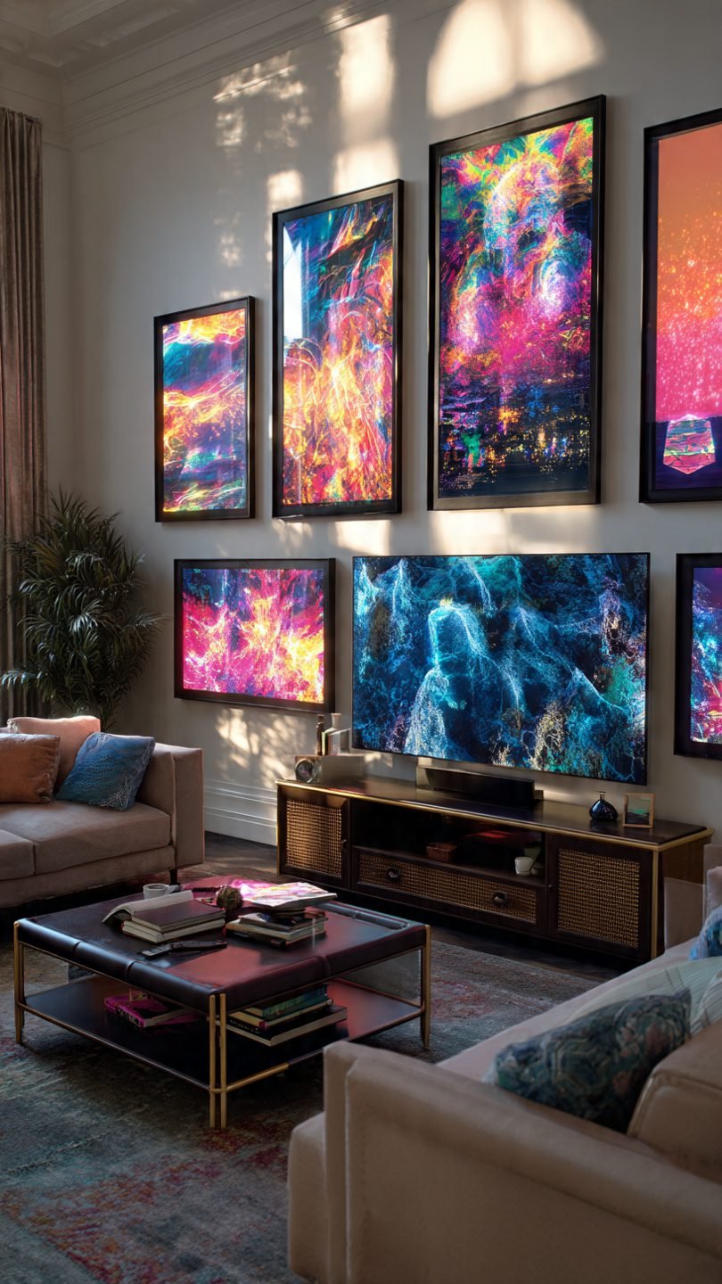 Integrated digital art frames in artistic living room setting