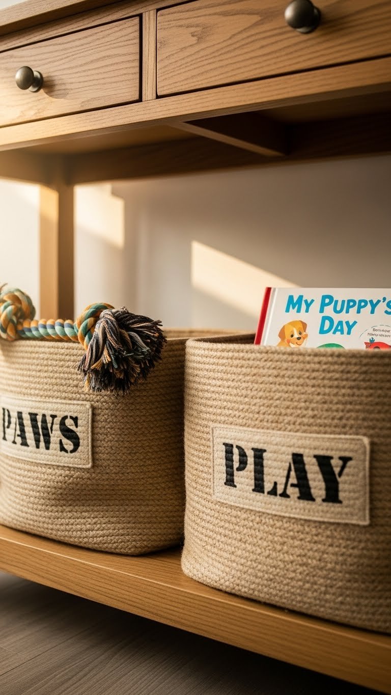 Labeled pet and kid toy storage in modern living room—organized and accessible