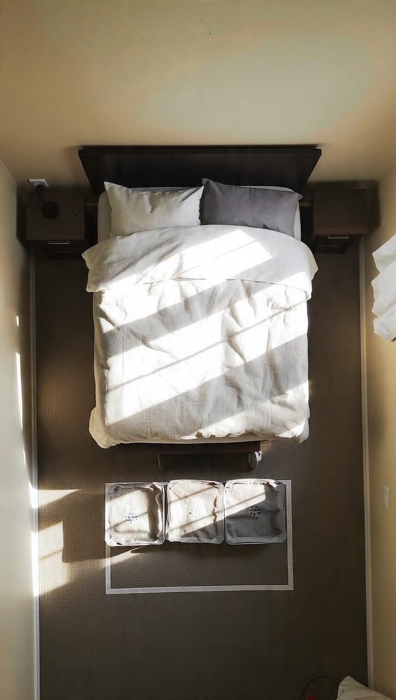 Low-profile platform bed in a small bedroom with under-bed storage and 24-inch circulation path for functional, cozy layout