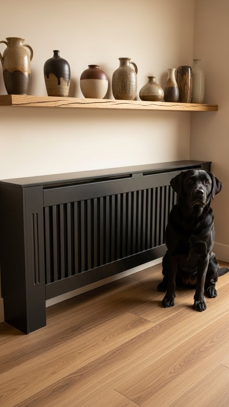 Matte black radiator cover as bench in modern living room—multi-functional and pet-safe