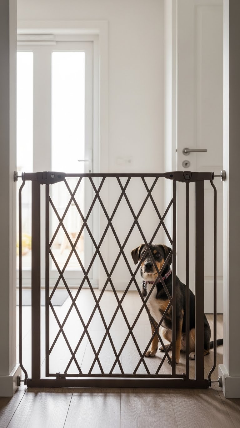 Matte black tension gate as modern room divider in pet-friendly living room