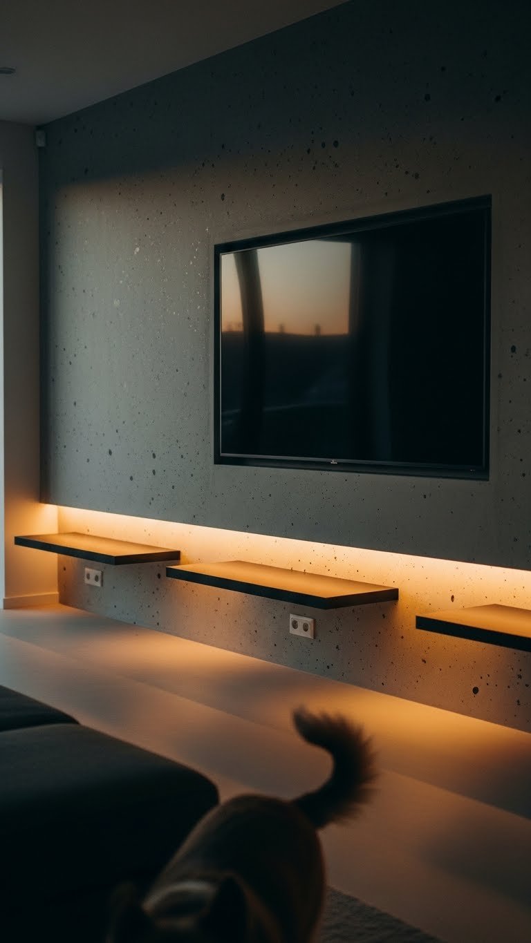 Matte-finish media wall in modern living room hides pet scuffs—durable and sleek