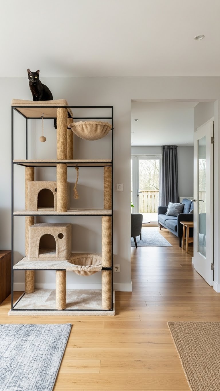 Minimalist cat tree as room divider in modern open-plan living room—functional zoning